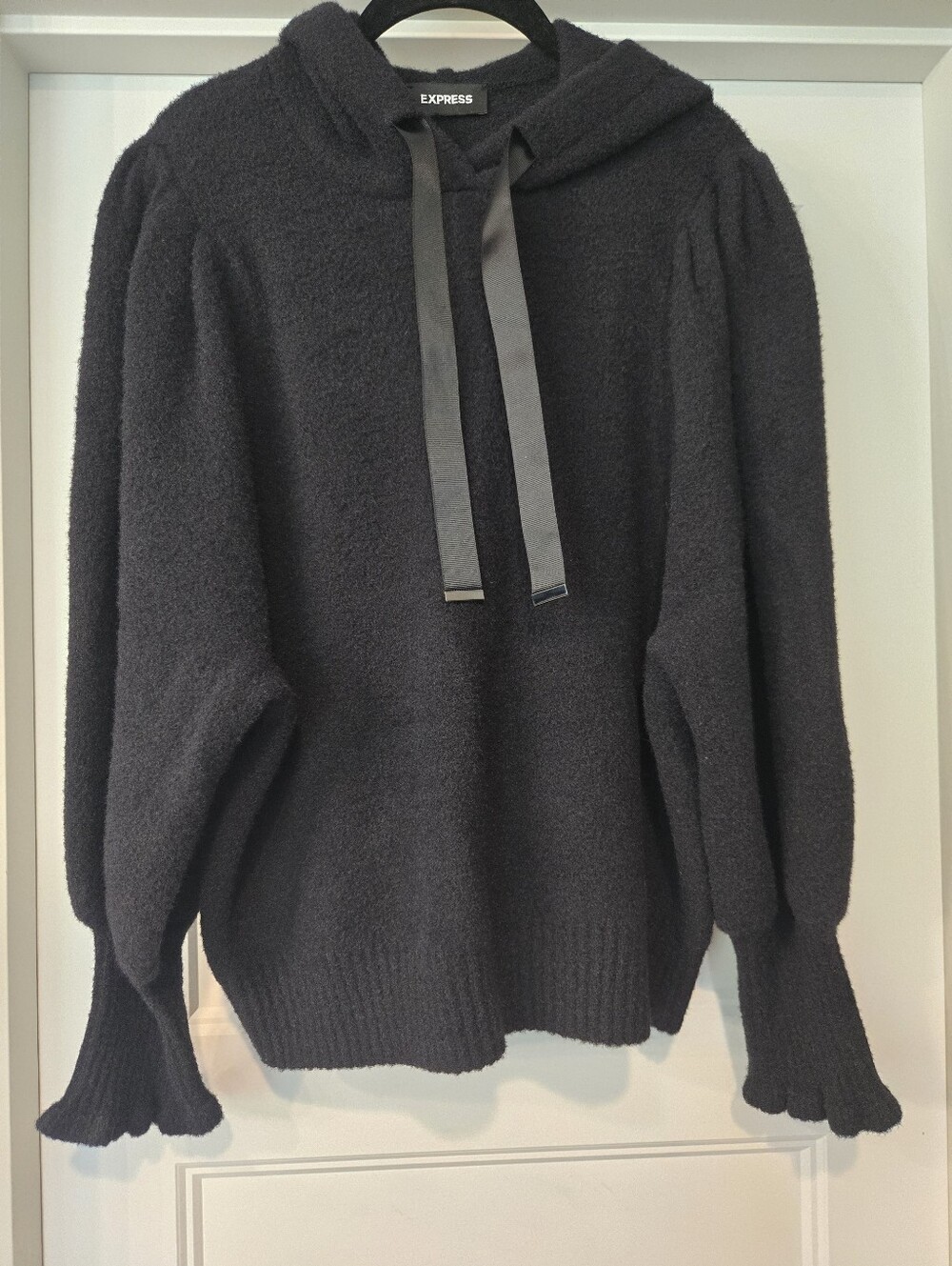 Express Black Hooded Knit Sweater with Ribbon Drawstrings. Size L